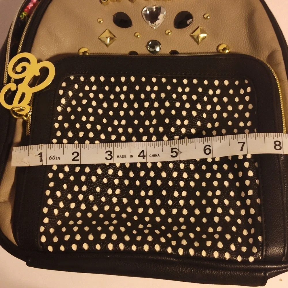 Betsey Johnson Black and Cream Polka Dot Small Backpack Purse With Rhinestones